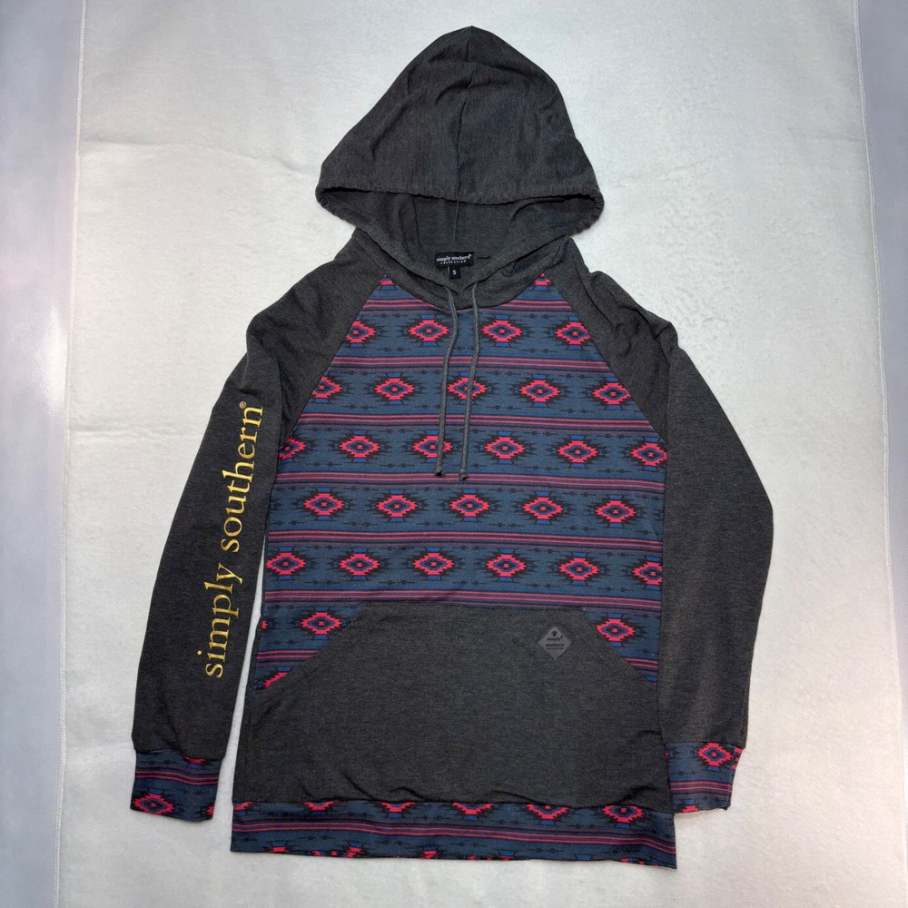 Simply Southern Women's Small Hoodie Western‎ Aztec Print Charcoal Grey Pullover